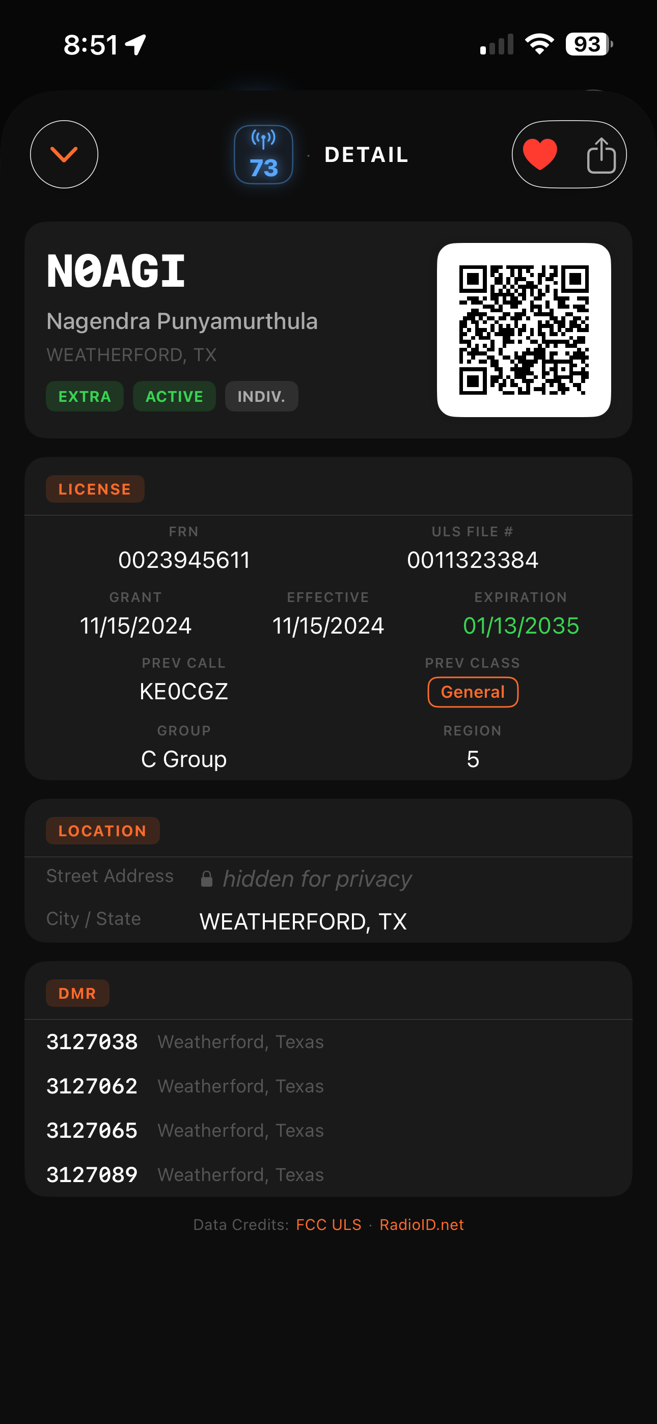 73 detail card for N0AGI showing license class Extra, status Active, full FCC record fields, QR code, and DMR ID list
