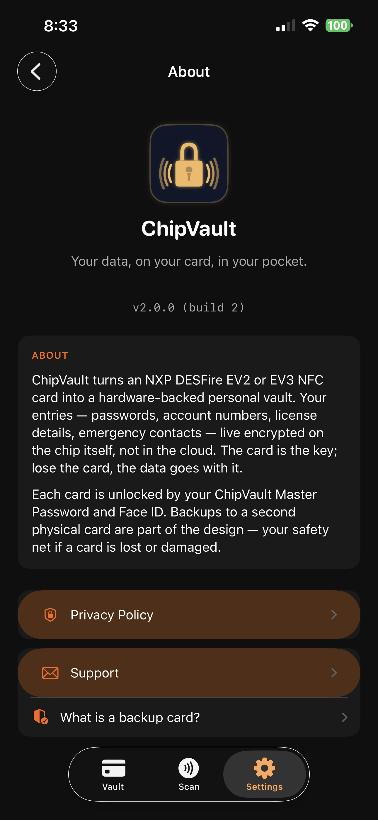 ChipVault About panel showing v2.0.0 build 1 and the tagline 'Your data, on your card, in your pocket'