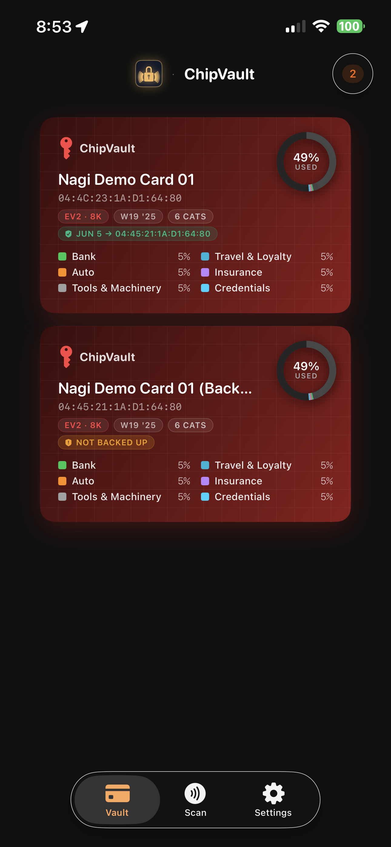 ChipVault card shelf showing the source card and its backup card side-by-side, each with matching 49% used storage donuts and identical 6-category layouts