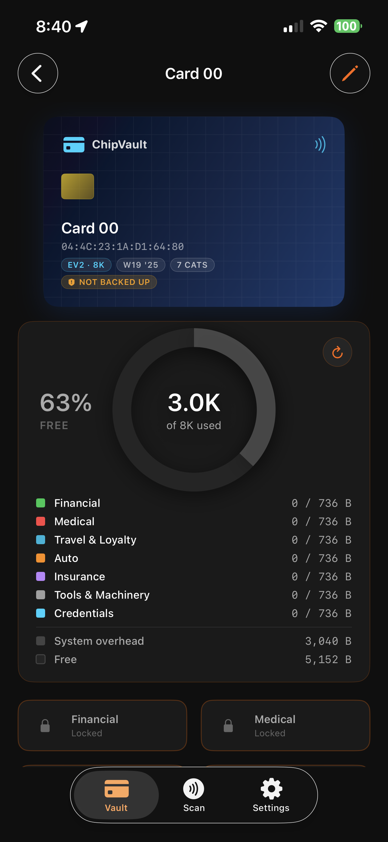 ChipVault card detail page showing a storage donut at 51% free, per-category byte legend, system overhead, and a Back Up This Card button