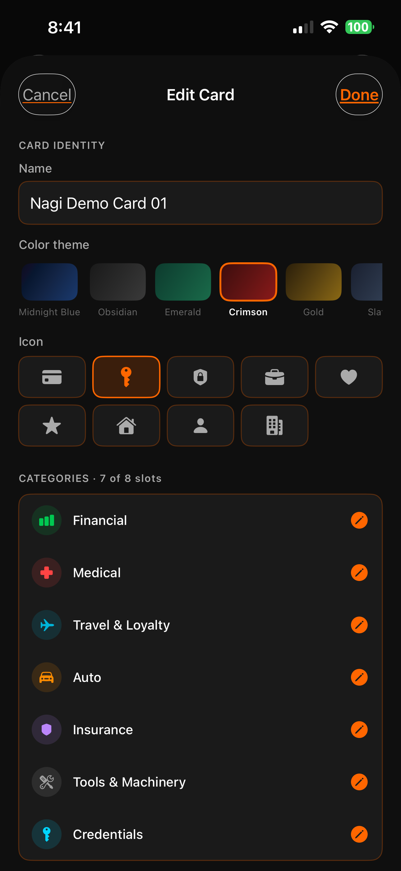 ChipVault Edit Card sheet showing name, theme picker, icon picker, and category list with swipe-to-delete affordance on Loyalty