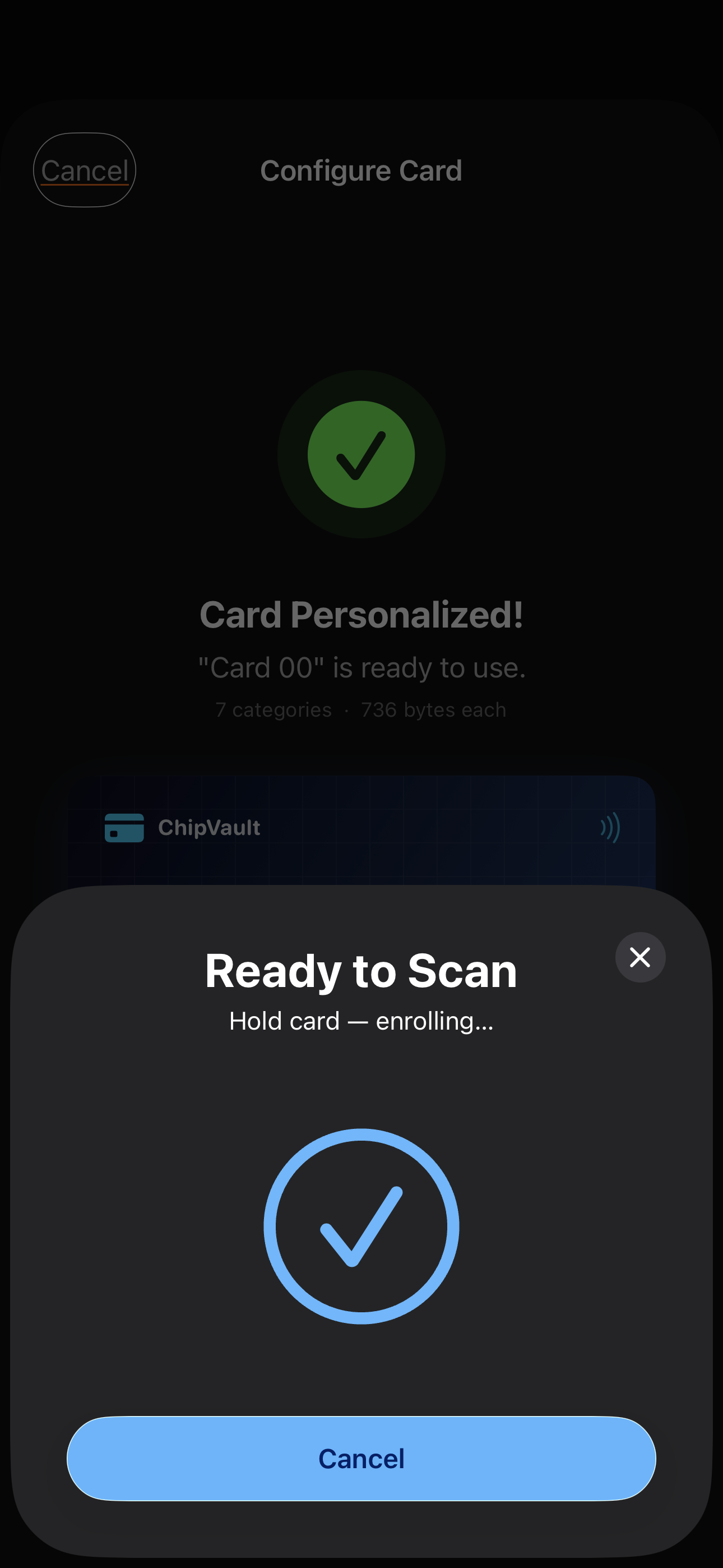 ChipVault Card Personalized success screen with a green check, confirmation that the card is ready to use with 7 categories, and a Ready-to-Scan modal in the foreground