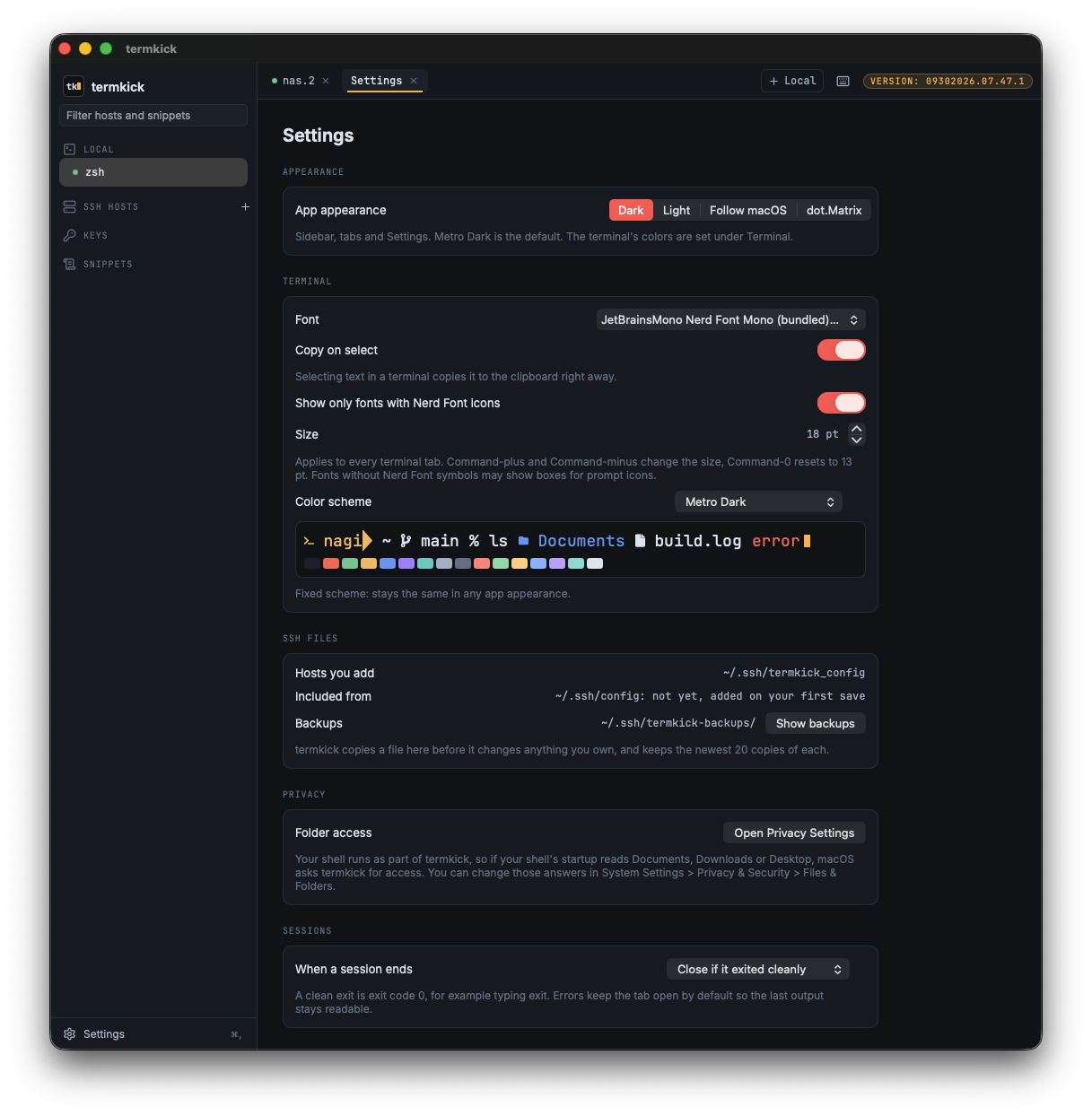 termkick Settings tab with app appearance, terminal font, copy on select, color scheme preview and SSH file locations