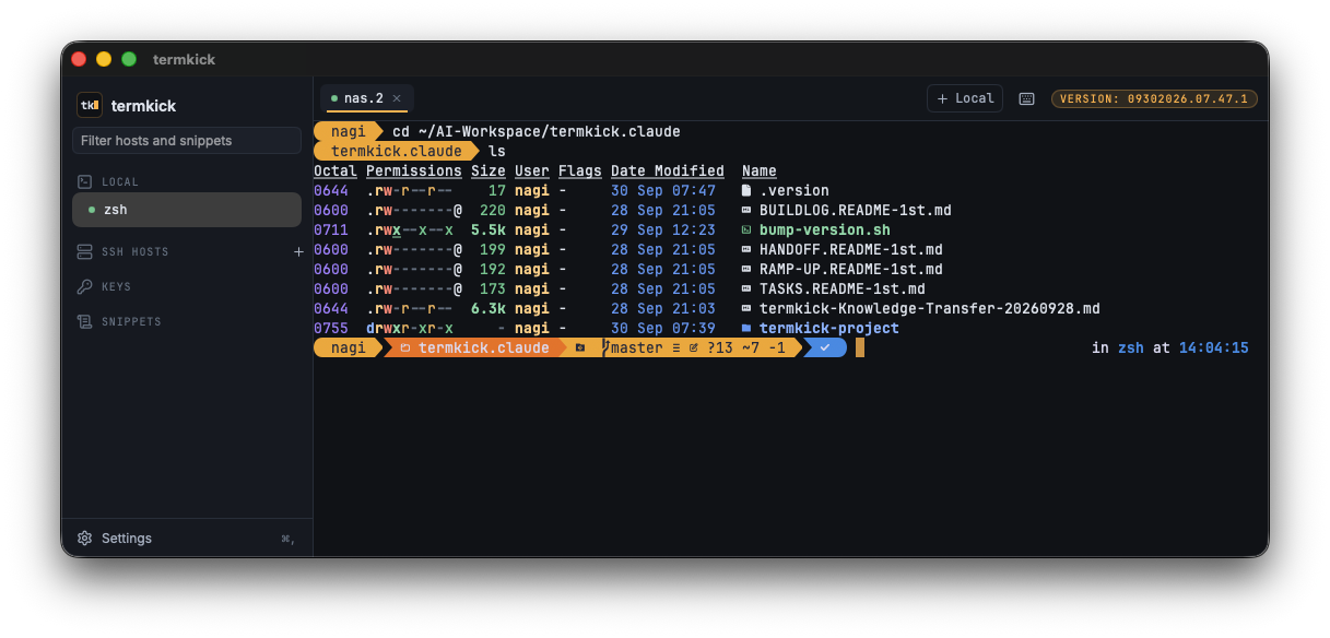 termkick running a local zsh session with a powerline-style prompt and a directory listing