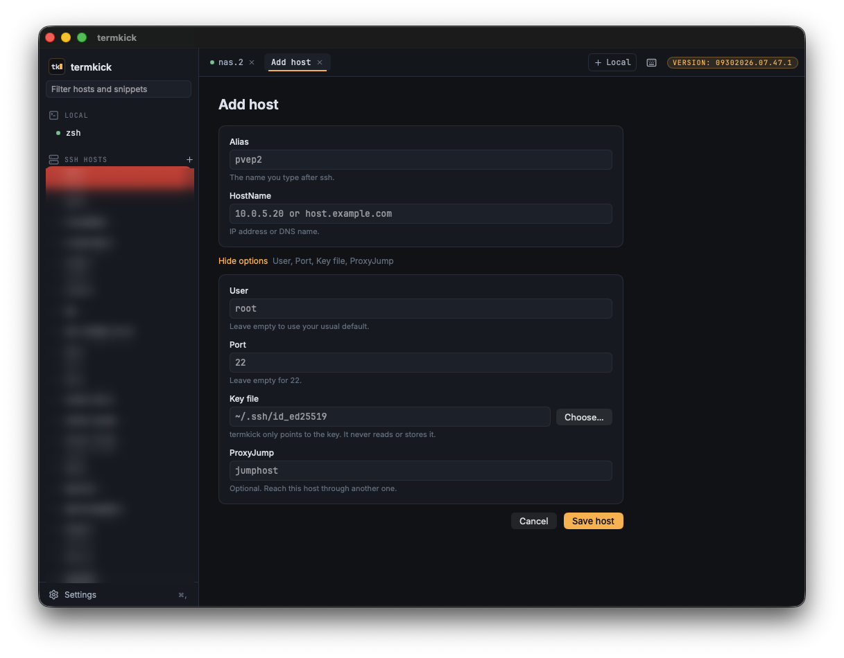 termkick Add host form with alias, host name, user, port, key file and ProxyJump fields