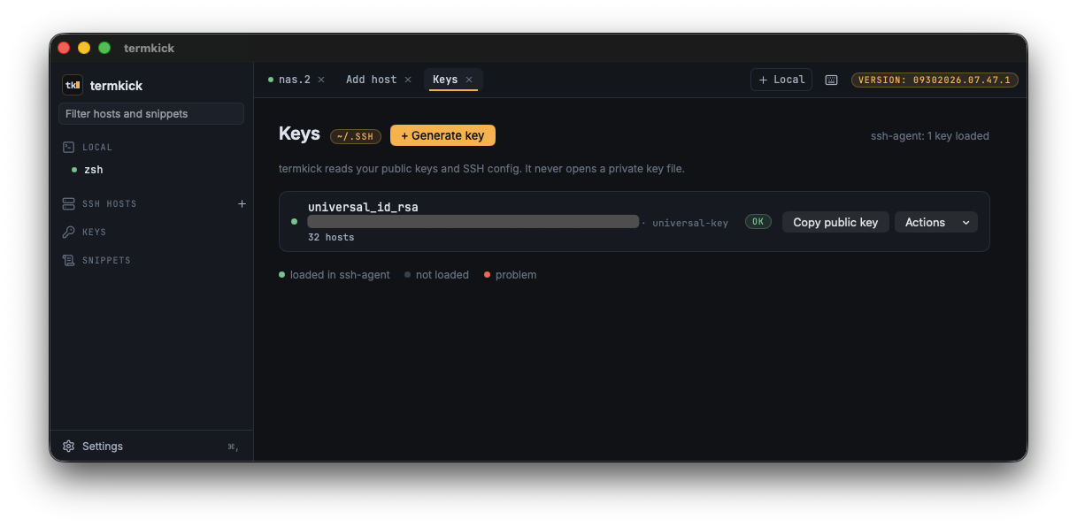 termkick Keys tab showing one RSA key loaded in ssh-agent, with Copy public key and Actions buttons