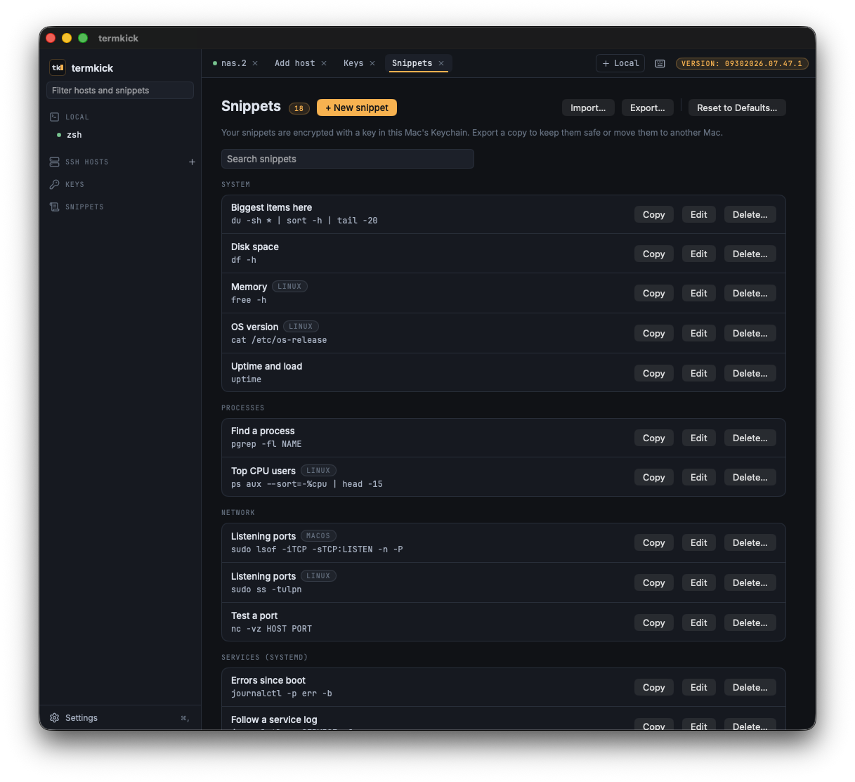 termkick Snippets tab listing commands grouped under System, Processes, Network and Services