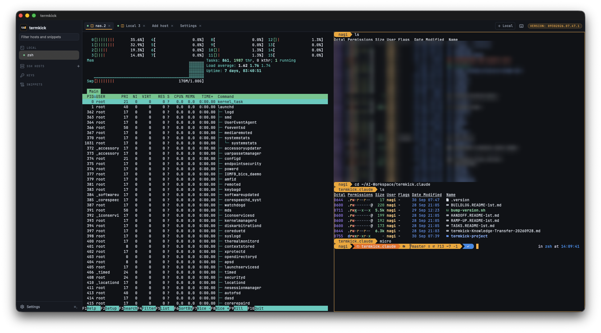 termkick with two panes side by side: htop running in one, a local zsh shell in the other, with the host sidebar on the left